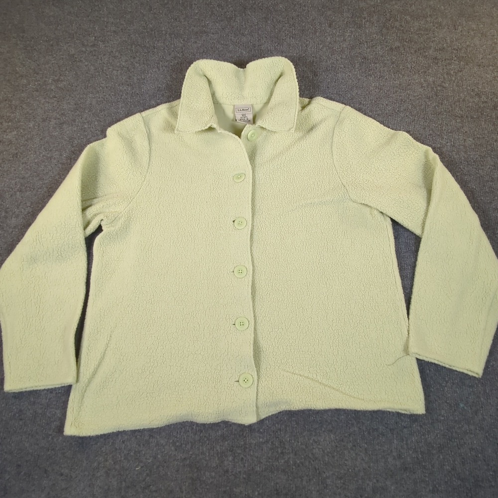 LL Bean Womens Medium Button Front Fleece Cardigan Jacket Sherpa Green 2651